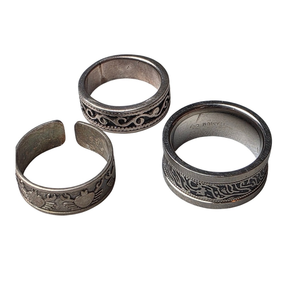 Mixed Ring Lot Titanium Scroll Sterling Silver Wave & Crab Bands 3pc Set K2